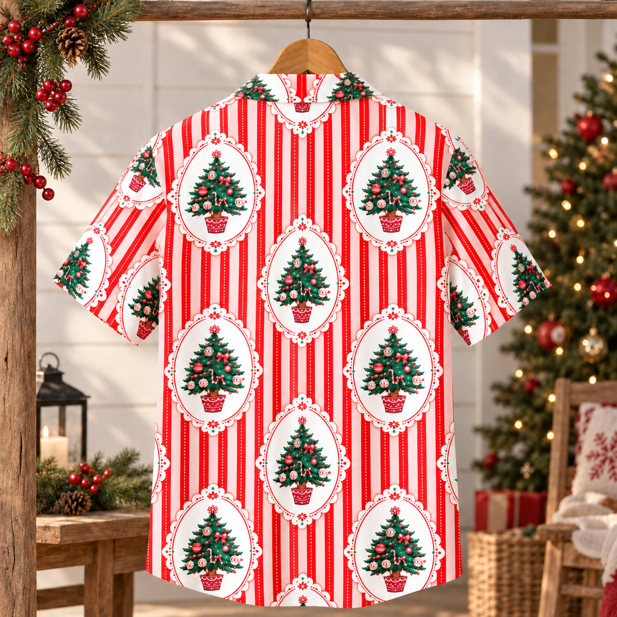 HW-1848-Vintage Christmas Tree Hawaiian Shirt, Red Stripe Holiday Tree Ornament Shirt, Retro Festive Christmas Summer Button Up
