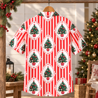 HW-1848-Vintage Christmas Tree Hawaiian Shirt, Red Stripe Holiday Tree Ornament Shirt, Retro Festive Christmas Summer Button Up