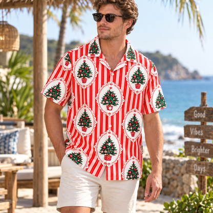 HW-1848-Vintage Christmas Tree Hawaiian Shirt, Red Stripe Holiday Tree Ornament Shirt, Retro Festive Christmas Summer Button Up