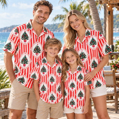 HW-1848-Vintage Christmas Tree Hawaiian Shirt, Red Stripe Holiday Tree Ornament Shirt, Retro Festive Christmas Summer Button Up