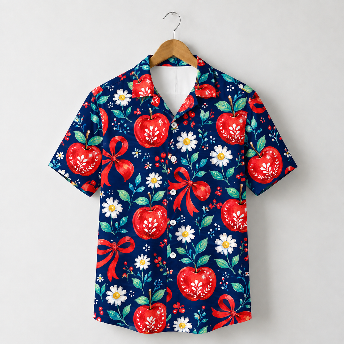 HW-1849-Christmas Apple Bow Hawaiian Shirt, Red Ribbon Daisy Floral Festive Holiday Vacation Shirt