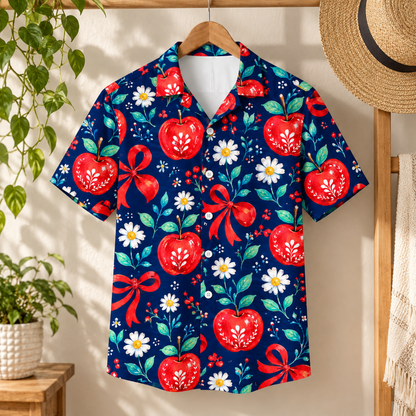 HW-1849-Christmas Apple Bow Hawaiian Shirt, Red Ribbon Daisy Floral Festive Holiday Vacation Shirt