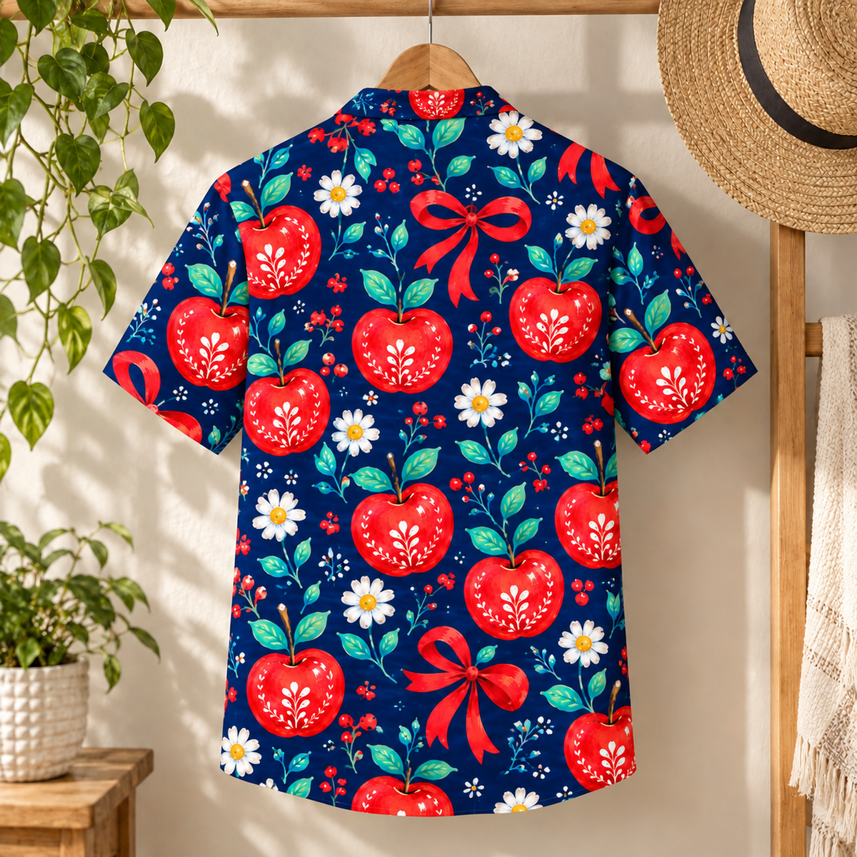 HW-1849-Christmas Apple Bow Hawaiian Shirt, Red Ribbon Daisy Floral Festive Holiday Vacation Shirt