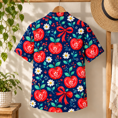 HW-1849-Christmas Apple Bow Hawaiian Shirt, Red Ribbon Daisy Floral Festive Holiday Vacation Shirt