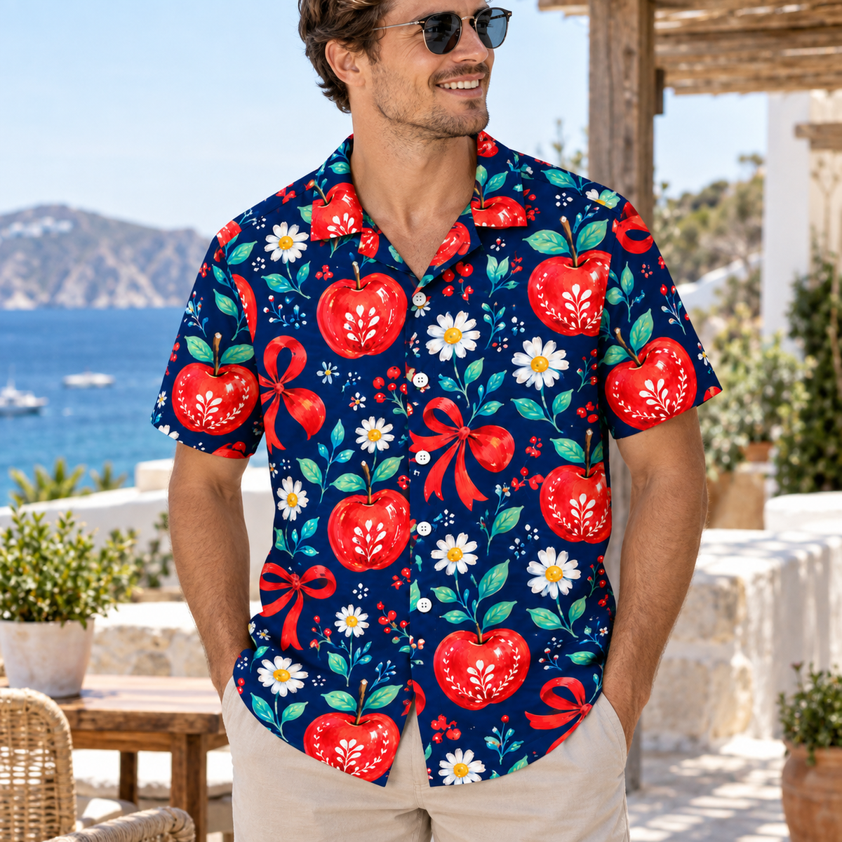 HW-1849-Christmas Apple Bow Hawaiian Shirt, Red Ribbon Daisy Floral Festive Holiday Vacation Shirt