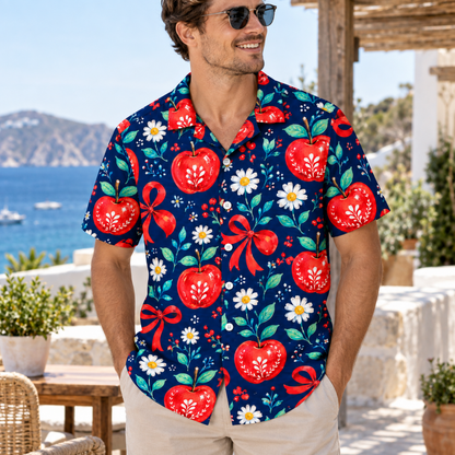 HW-1849-Christmas Apple Bow Hawaiian Shirt, Red Ribbon Daisy Floral Festive Holiday Vacation Shirt