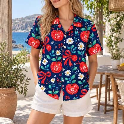 HW-1849-Christmas Apple Bow Hawaiian Shirt, Red Ribbon Daisy Floral Festive Holiday Vacation Shirt