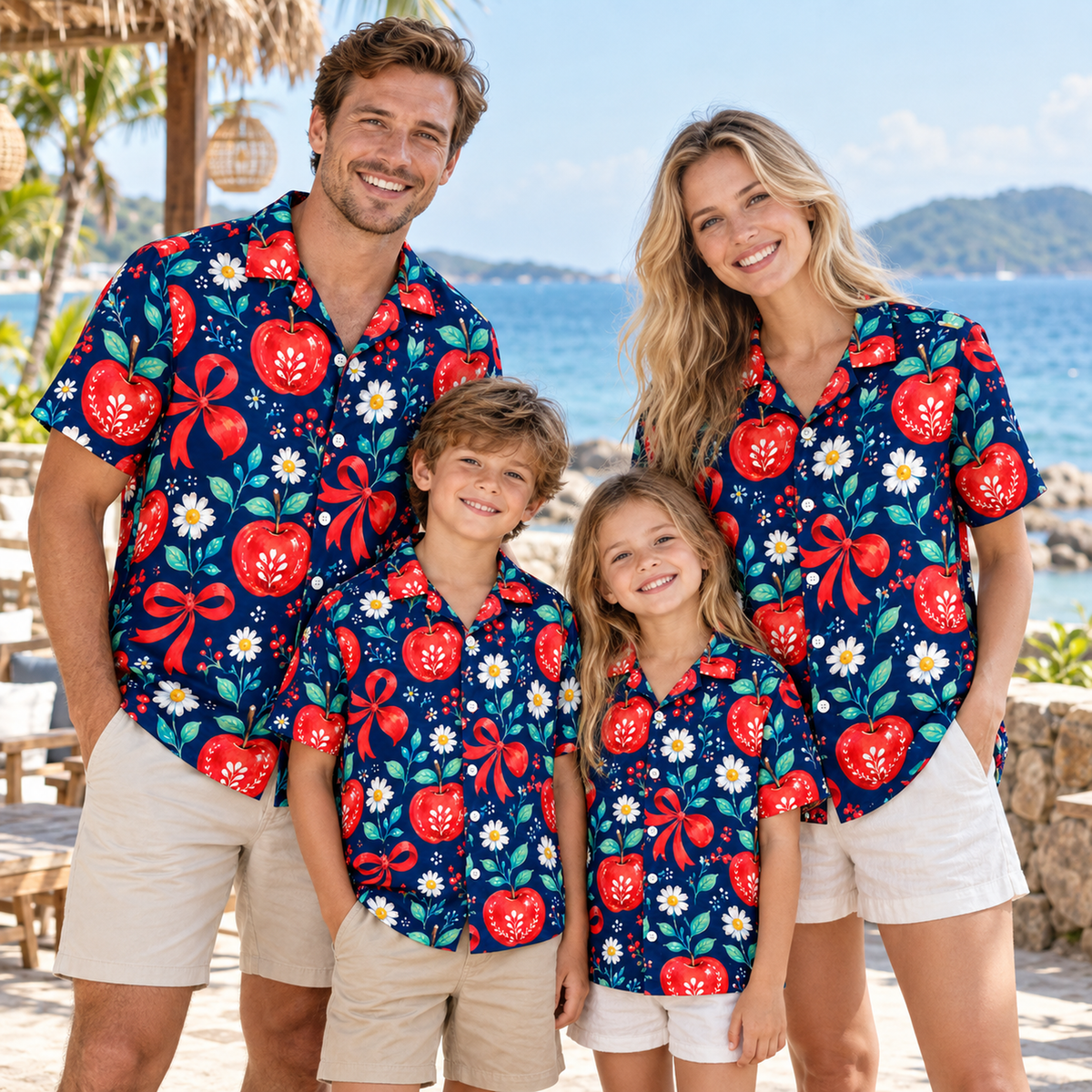 HW-1849-Christmas Apple Bow Hawaiian Shirt, Red Ribbon Daisy Floral Festive Holiday Vacation Shirt