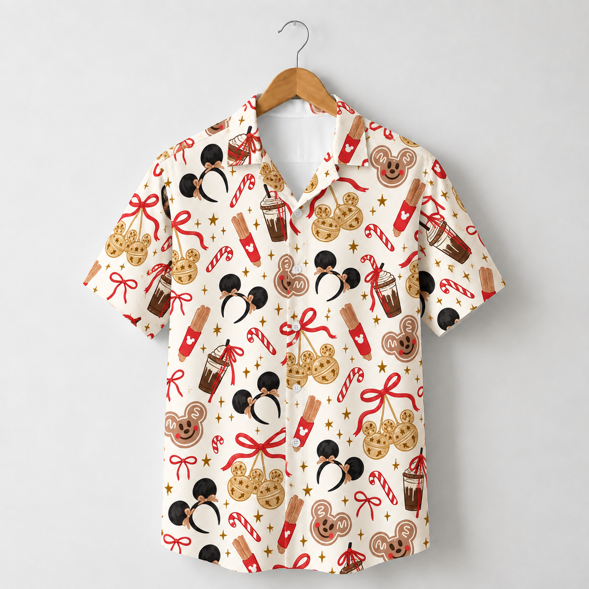 HW-1863-Mickey Mouse Christmas Hawaiian Shirt, Gingerbread Candy Cane Holiday Treat Festive Vacation Shirt