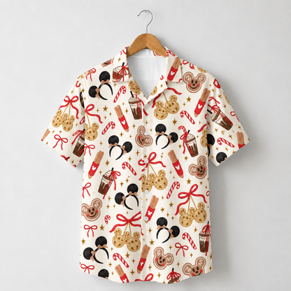 HW-1863-Mickey Mouse Christmas Hawaiian Shirt, Gingerbread Candy Cane Holiday Treat Festive Vacation Shirt