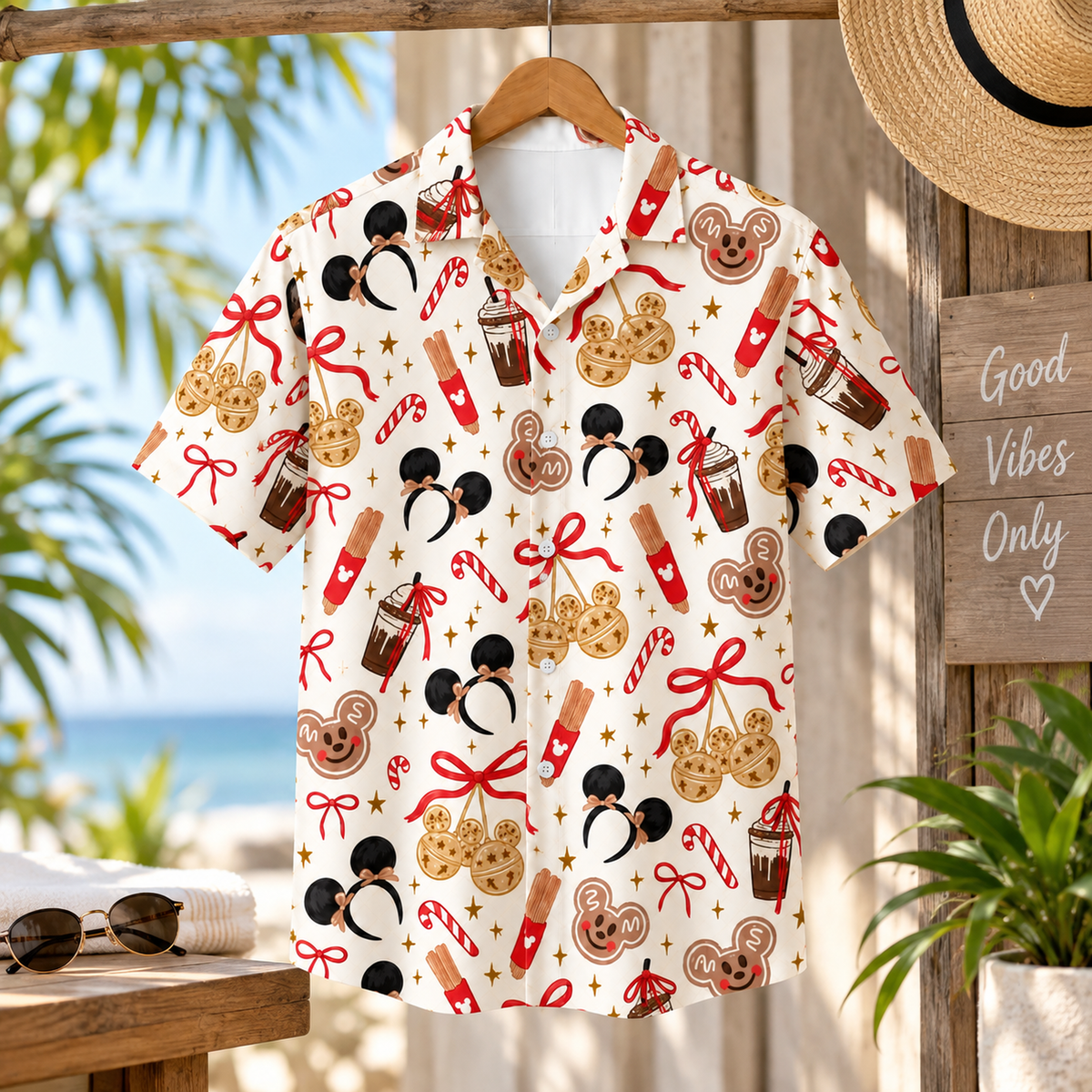 HW-1863-Mickey Mouse Christmas Hawaiian Shirt, Gingerbread Candy Cane Holiday Treat Festive Vacation Shirt