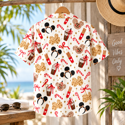 HW-1863-Mickey Mouse Christmas Hawaiian Shirt, Gingerbread Candy Cane Holiday Treat Festive Vacation Shirt