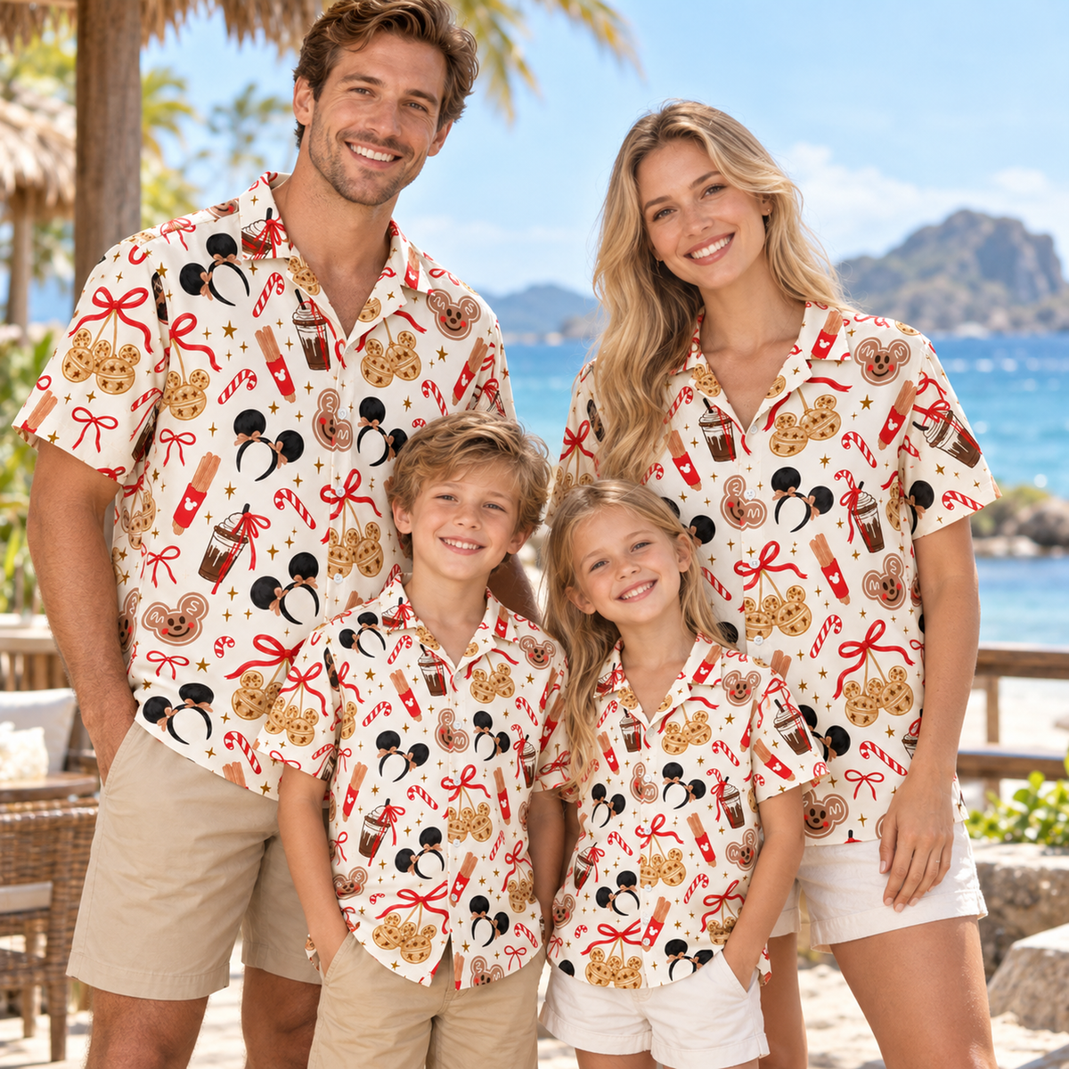HW-1863-Mickey Mouse Christmas Hawaiian Shirt, Gingerbread Candy Cane Holiday Treat Festive Vacation Shirt