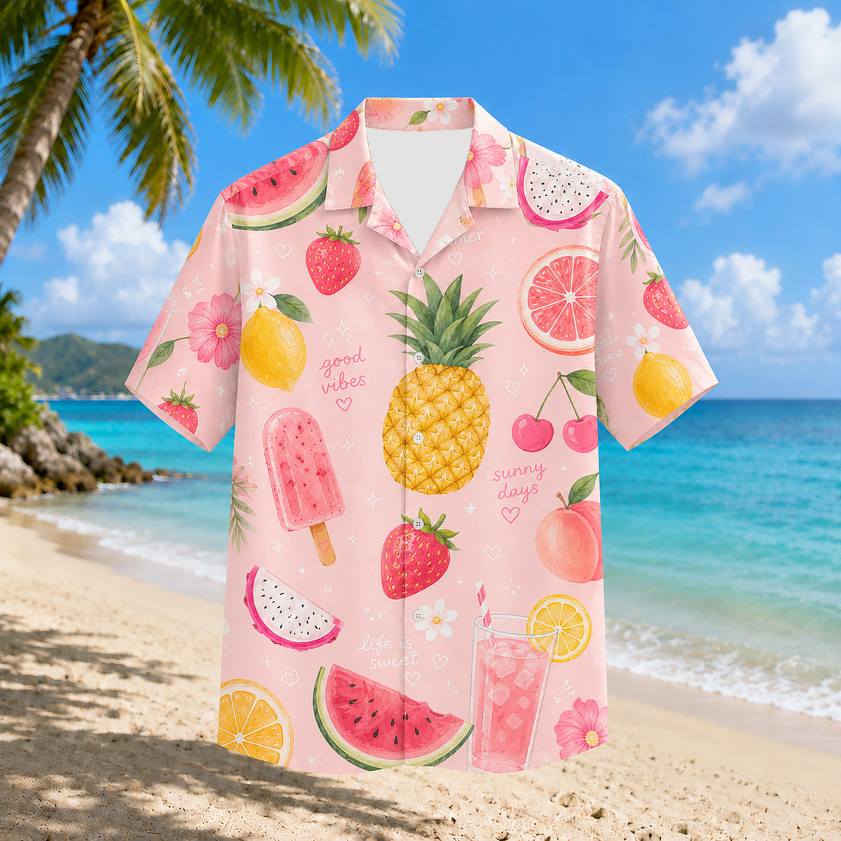 HW-298-Pink Satin Fruit Hawaiian Apparel, Pineapple Watermelon Pattern Short Resort Beach Shirt Clothing