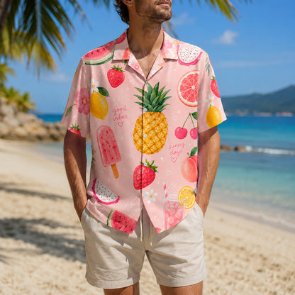 HW-298-Pink Satin Fruit Hawaiian Apparel, Pineapple Watermelon Pattern Short Resort Beach Shirt Clothing