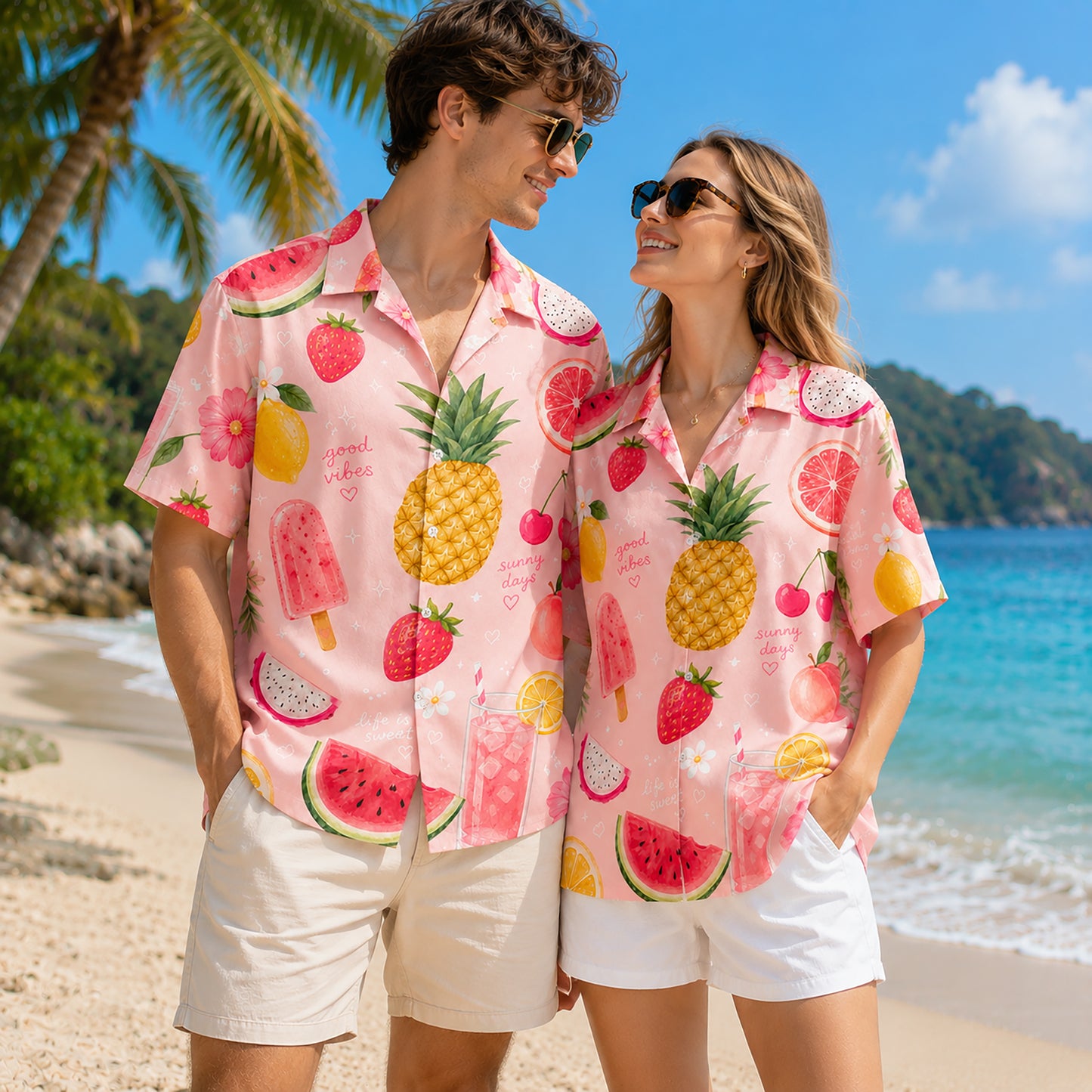 HW-298-Pink Satin Fruit Hawaiian Apparel, Pineapple Watermelon Pattern Short Resort Beach Shirt Clothing