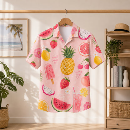 HW-298-Pink Satin Fruit Hawaiian Apparel, Pineapple Watermelon Pattern Short Resort Beach Shirt Clothing