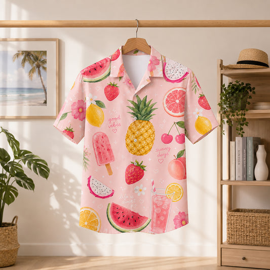 HW-298-Pink Satin Fruit Hawaiian Apparel, Pineapple Watermelon Pattern Short Resort Beach Shirt Clothing