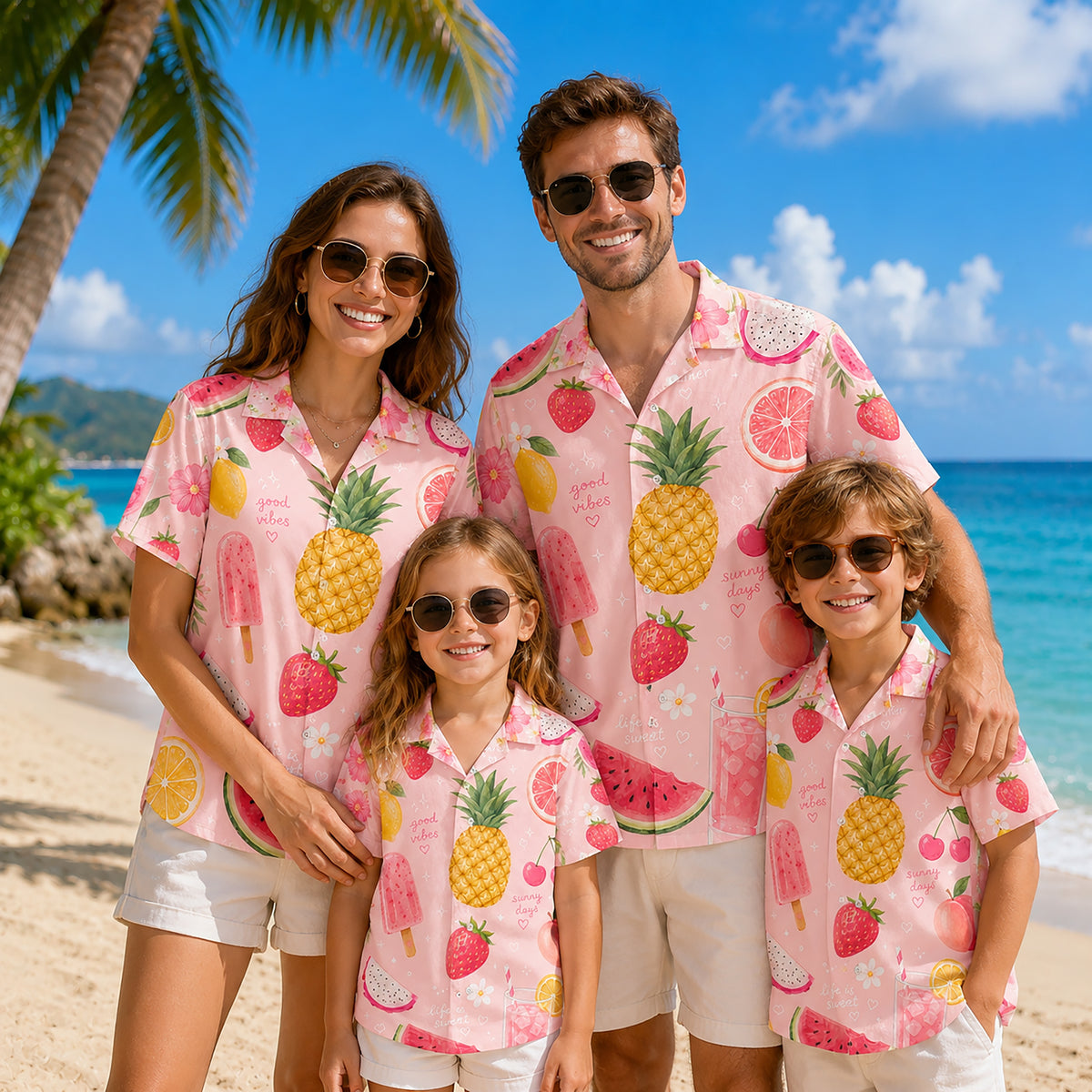 HW-298-Pink Satin Fruit Hawaiian Apparel, Pineapple Watermelon Pattern Short Resort Beach Shirt Clothing