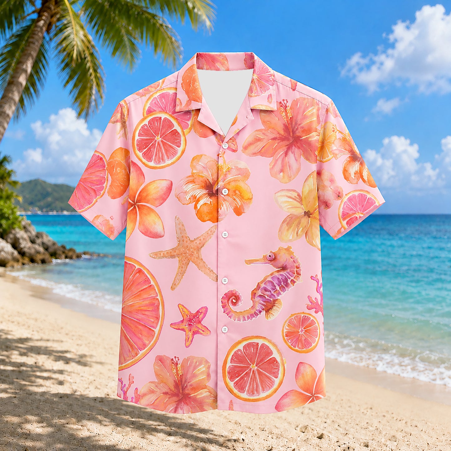 HW-298-Pink Satin Fruit Hawaiian Apparel, Pineapple Watermelon Pattern Short Resort Beach Shirt Clothing FREE SHIPPING