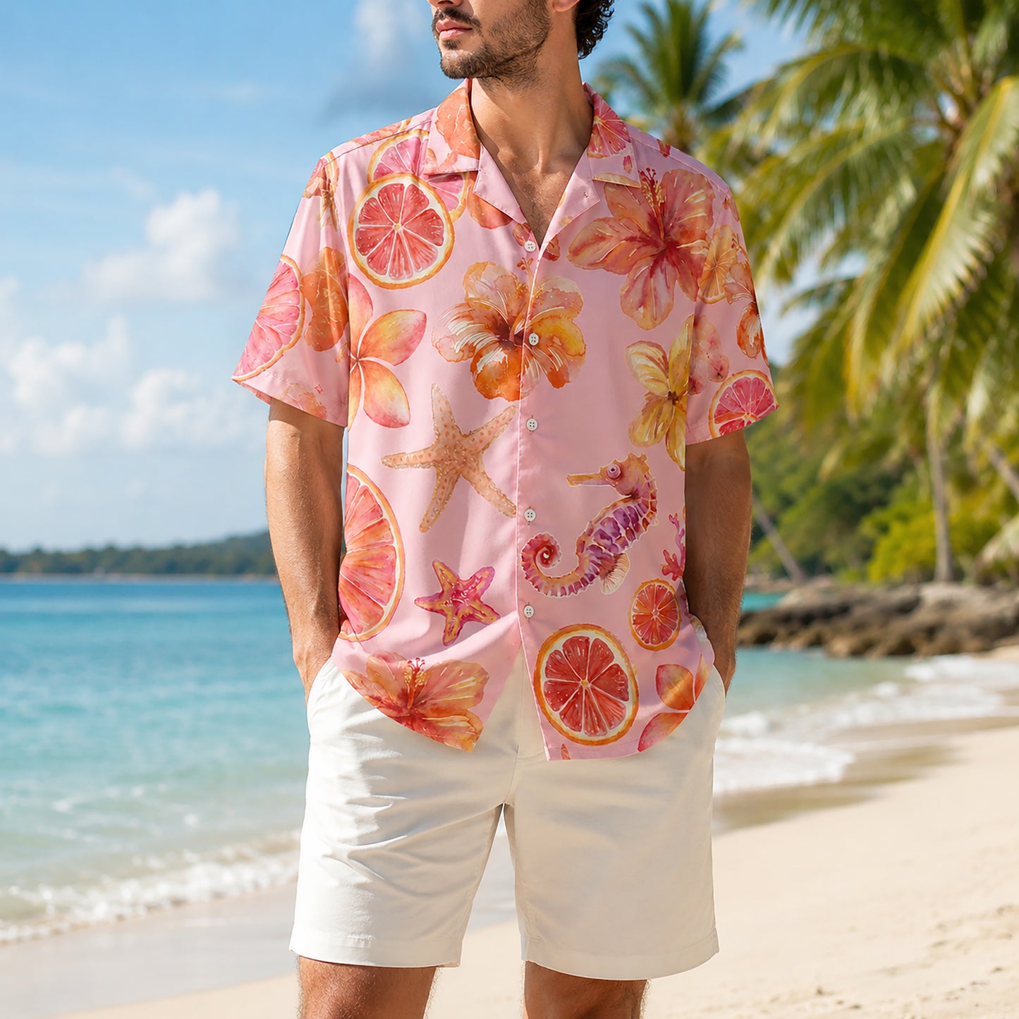 HW-298-Pink Satin Fruit Hawaiian Apparel, Pineapple Watermelon Pattern Short Resort Beach Shirt Clothing FREE SHIPPING