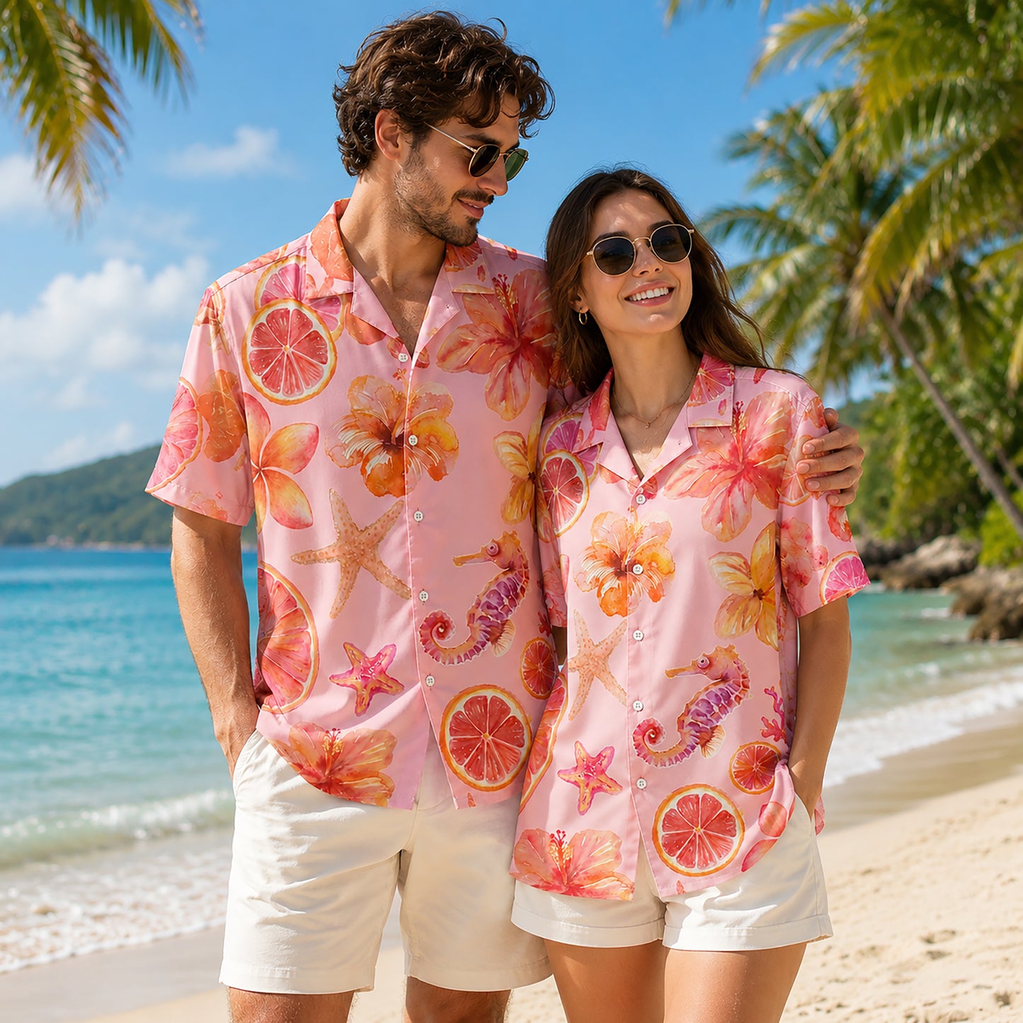 HW-298-Pink Satin Fruit Hawaiian Apparel, Pineapple Watermelon Pattern Short Resort Beach Shirt Clothing FREE SHIPPING