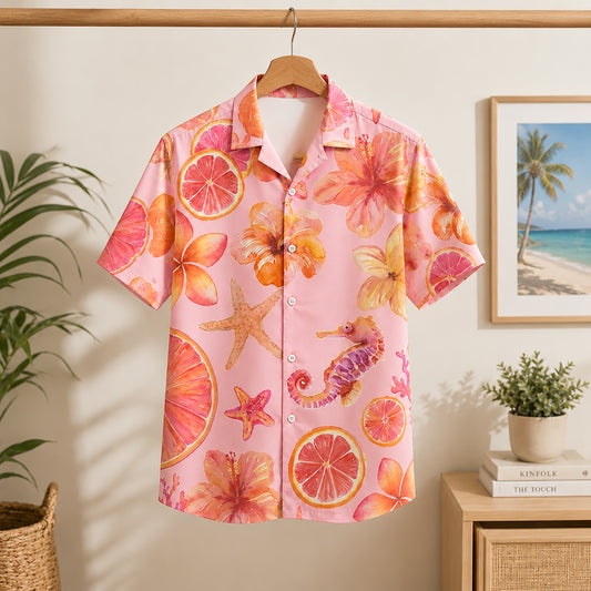 HW-298-Pink Satin Fruit Hawaiian Apparel, Pineapple Watermelon Pattern Short Resort Beach Shirt Clothing FREE SHIPPING
