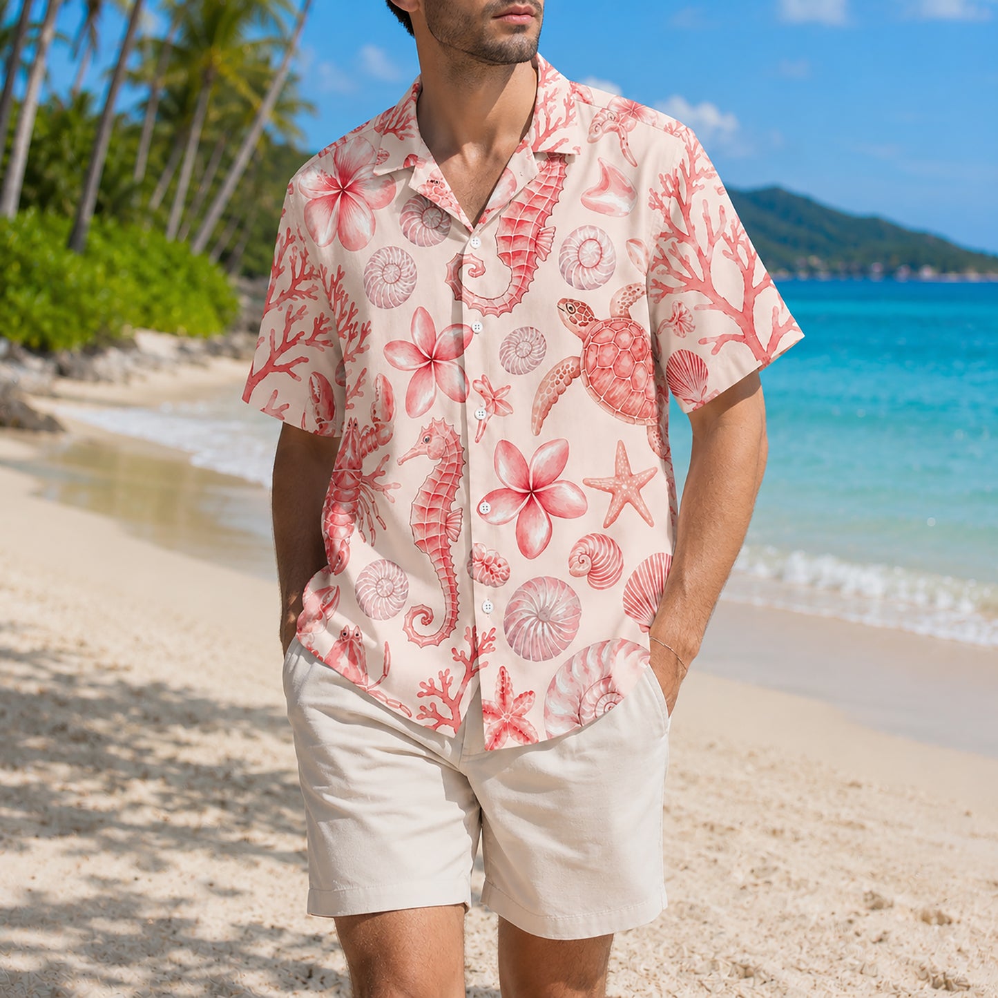 HW-300-Blush Silk Ocean Hawaiian Apparel, Starfish Coral Graphic Short Resort Beach Shirt Raiment FREE SHIPPING