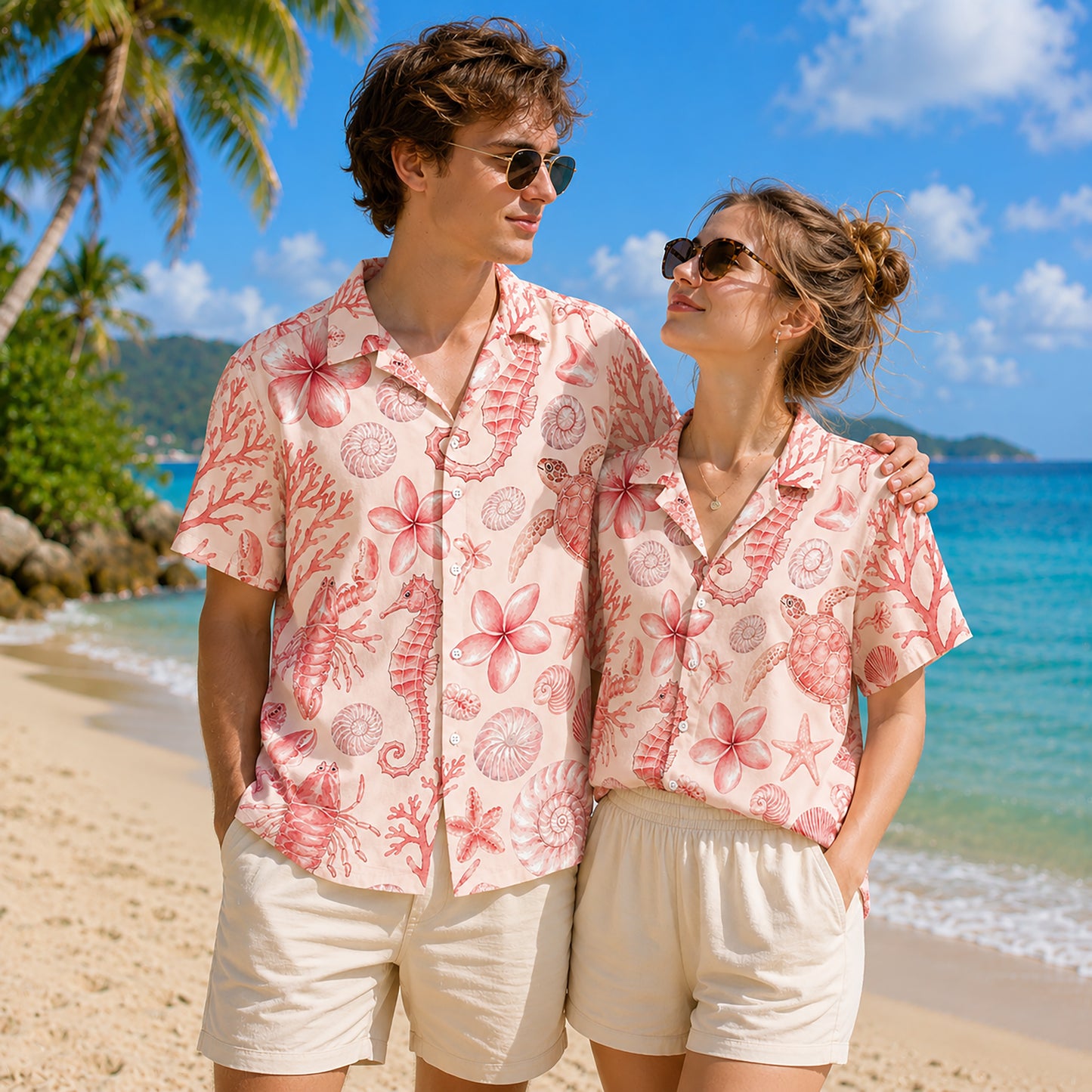 HW-300-Blush Silk Ocean Hawaiian Apparel, Starfish Coral Graphic Short Resort Beach Shirt Raiment FREE SHIPPING