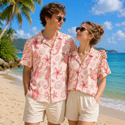 HW-300-Blush Silk Ocean Hawaiian Apparel, Starfish Coral Graphic Short Resort Beach Shirt Raiment FREE SHIPPING