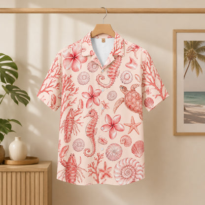 HW-300-Blush Silk Ocean Hawaiian Apparel, Starfish Coral Graphic Short Resort Beach Shirt Raiment FREE SHIPPING