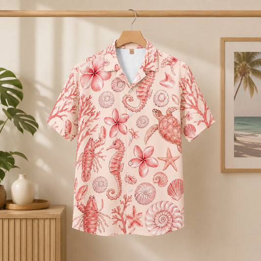 HW-300-Blush Silk Ocean Hawaiian Apparel, Starfish Coral Graphic Short Resort Beach Shirt Raiment