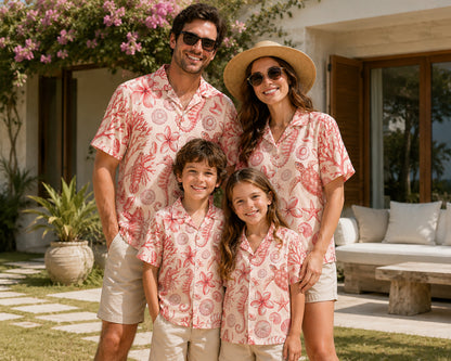 HW-300-Blush Silk Ocean Hawaiian Apparel, Starfish Coral Graphic Short Resort Beach Shirt Raiment FREE SHIPPING