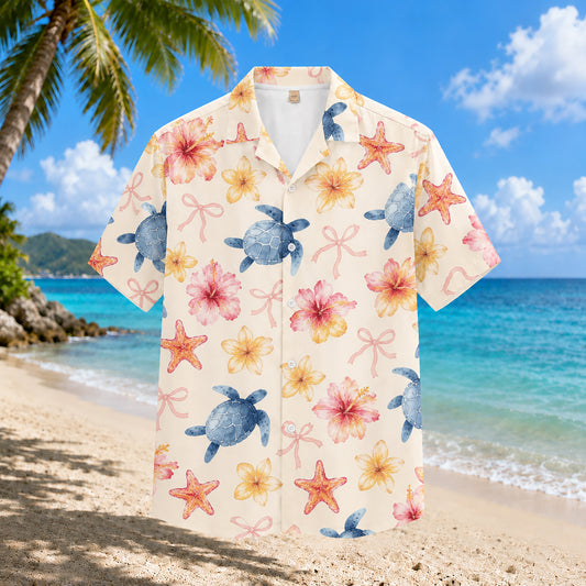 HW-301-Ivory Satin Novelty Hawaiian Apparel, Marine Floral Component Short Resort Beach Shirt Vesture FREE SHIPPING