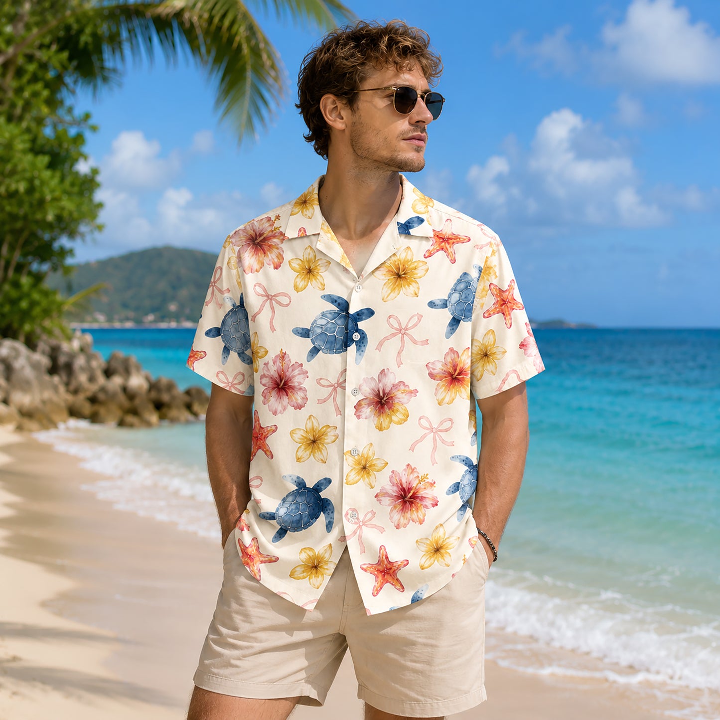 HW-301-Ivory Satin Novelty Hawaiian Apparel, Marine Floral Component Short Resort Beach Shirt Vesture FREE SHIPPING