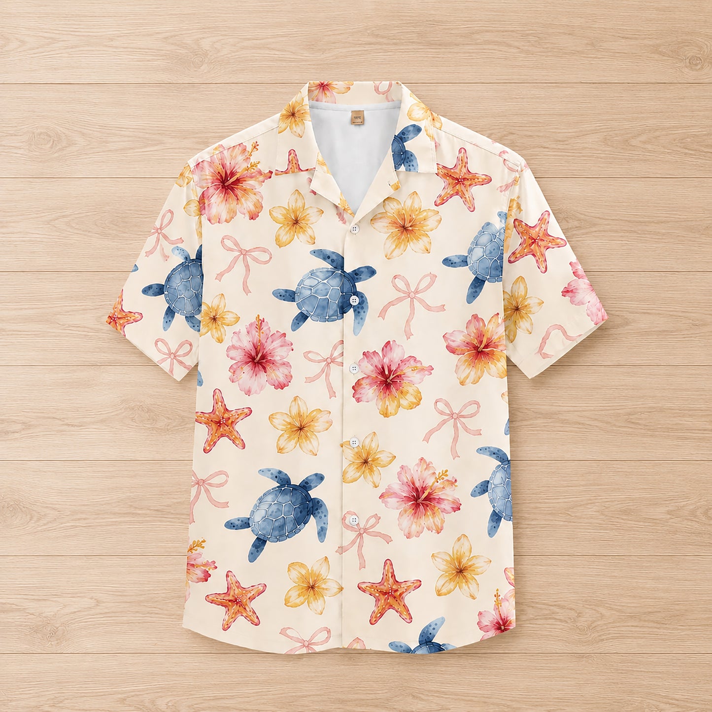 HW-301-Ivory Satin Novelty Hawaiian Apparel, Marine Floral Component Short Resort Beach Shirt Vesture FREE SHIPPING