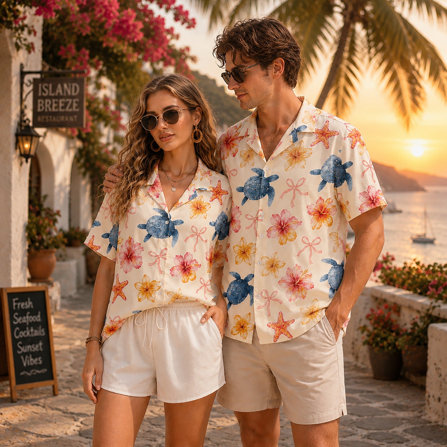 HW-301-Ivory Satin Novelty Hawaiian Apparel, Marine Floral Component Short Resort Beach Shirt Vesture FREE SHIPPING