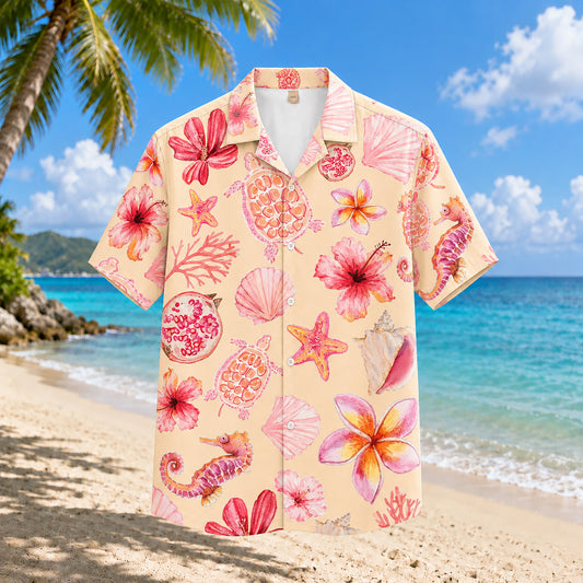 HW-302-Pearl Satin Conch Hawaiian Apparel, Scattered Shell Layout Short Resort Beach Shirt Garments FREE SHIPPING