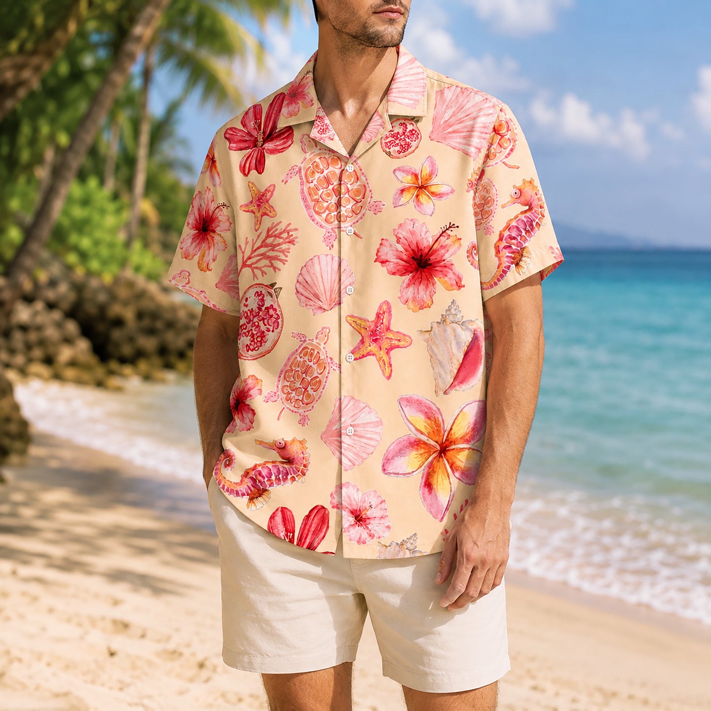 HW-302-Pearl Satin Conch Hawaiian Apparel, Scattered Shell Layout Short Resort Beach Shirt Garments FREE SHIPPING