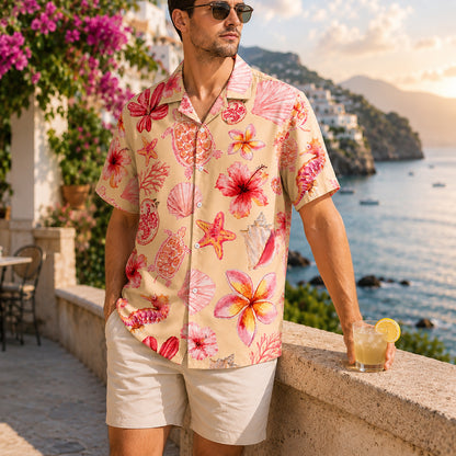 HW-302-Pearl Satin Conch Hawaiian Apparel, Scattered Shell Layout Short Resort Beach Shirt Garments FREE SHIPPING