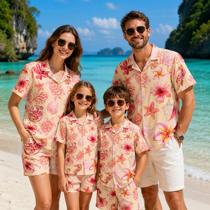 HW-302-Pearl Satin Conch Hawaiian Apparel, Scattered Shell Layout Short Resort Beach Shirt Garments FREE SHIPPING