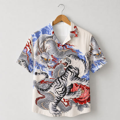 HW-621-Dragon Tiger Japanese Tattoo Art Aloha Shirt Mythical Button Down
