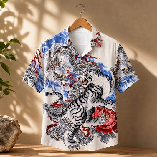 HW-621-Dragon Tiger Japanese Tattoo Art Aloha Shirt Mythical Button Down