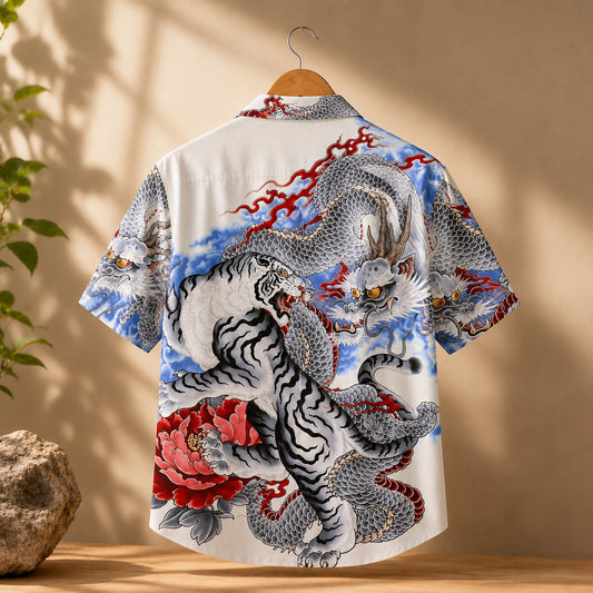 HW-621-Dragon Tiger Japanese Tattoo Art Aloha Shirt Mythical Button Down