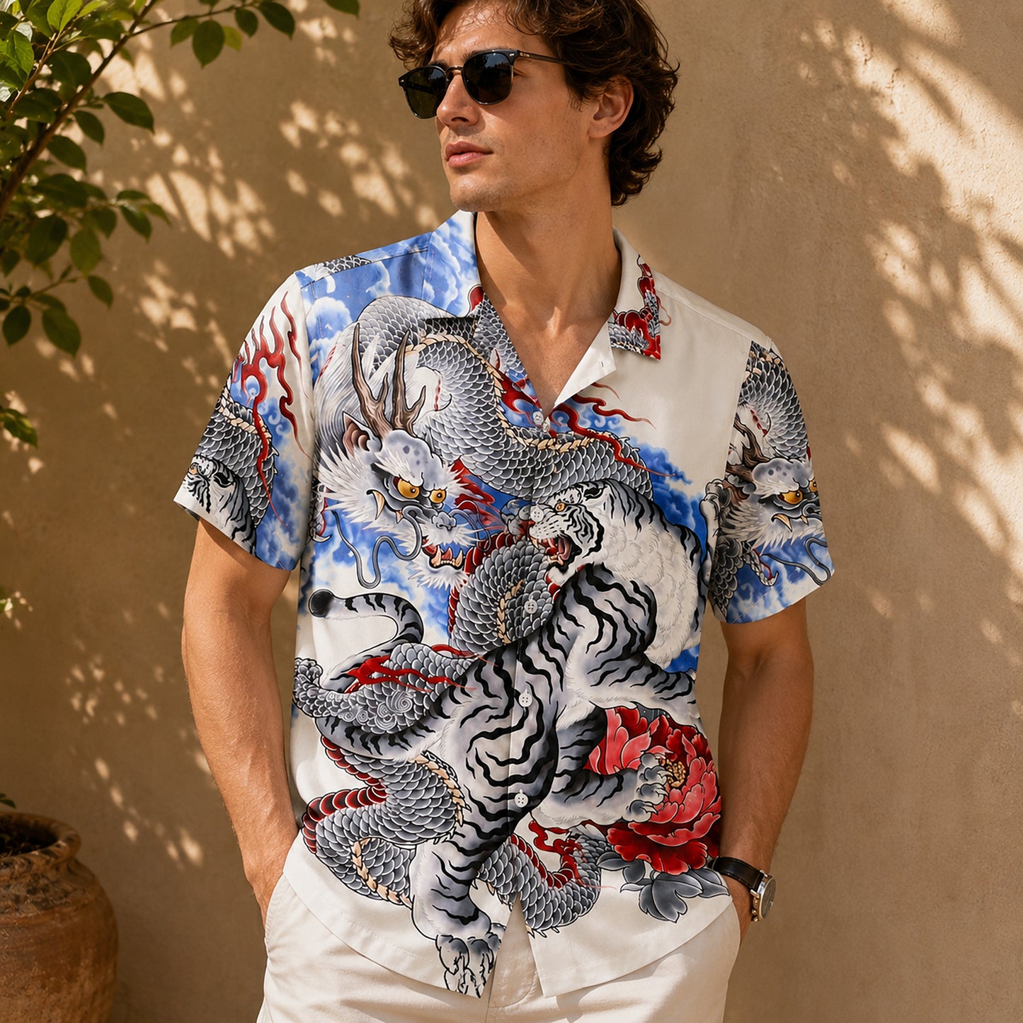 HW-621-Dragon Tiger Japanese Tattoo Art Aloha Shirt Mythical Button Down