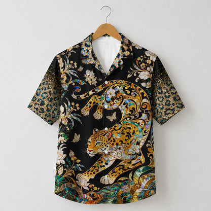 HW-622-Opulent Leopard Mosaic Aloha Shirt Tropical Stained Glass Resort Apparel