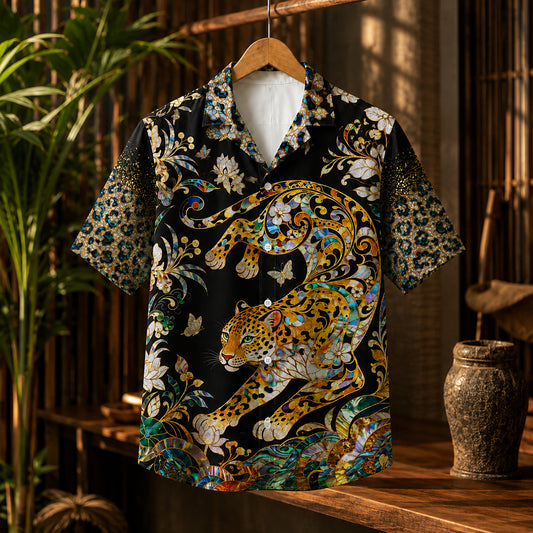 HW-622-Opulent Leopard Mosaic Aloha Shirt Tropical Stained Glass Resort Apparel