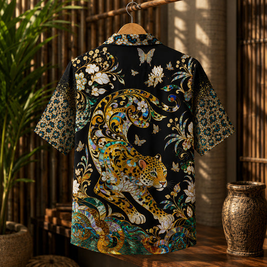 HW-622-Opulent Leopard Mosaic Aloha Shirt Tropical Stained Glass Resort Apparel