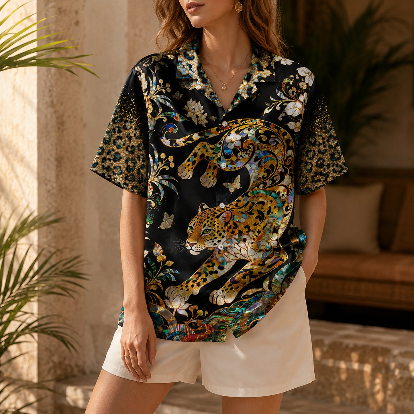 HW-622-Opulent Leopard Mosaic Aloha Shirt Tropical Stained Glass Resort Apparel