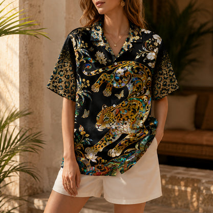 HW-622-Opulent Leopard Mosaic Aloha Shirt Tropical Stained Glass Resort Apparel
